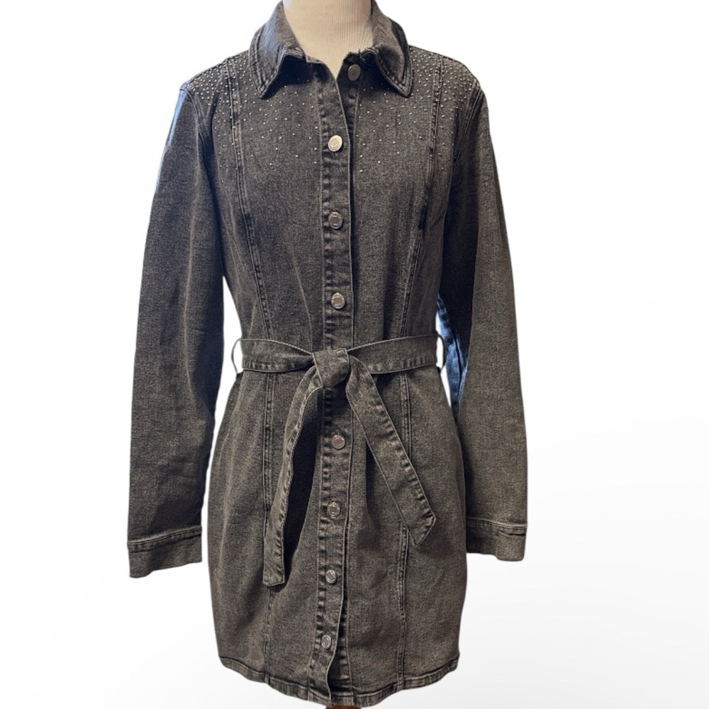 Studded Gray Button Down Denim Dress with Belt